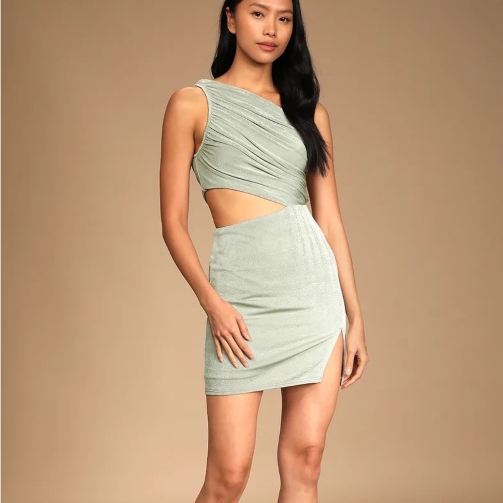 Cut and Run Sage Ruched Cutout Asymmetrical Bodycon Mini Dress